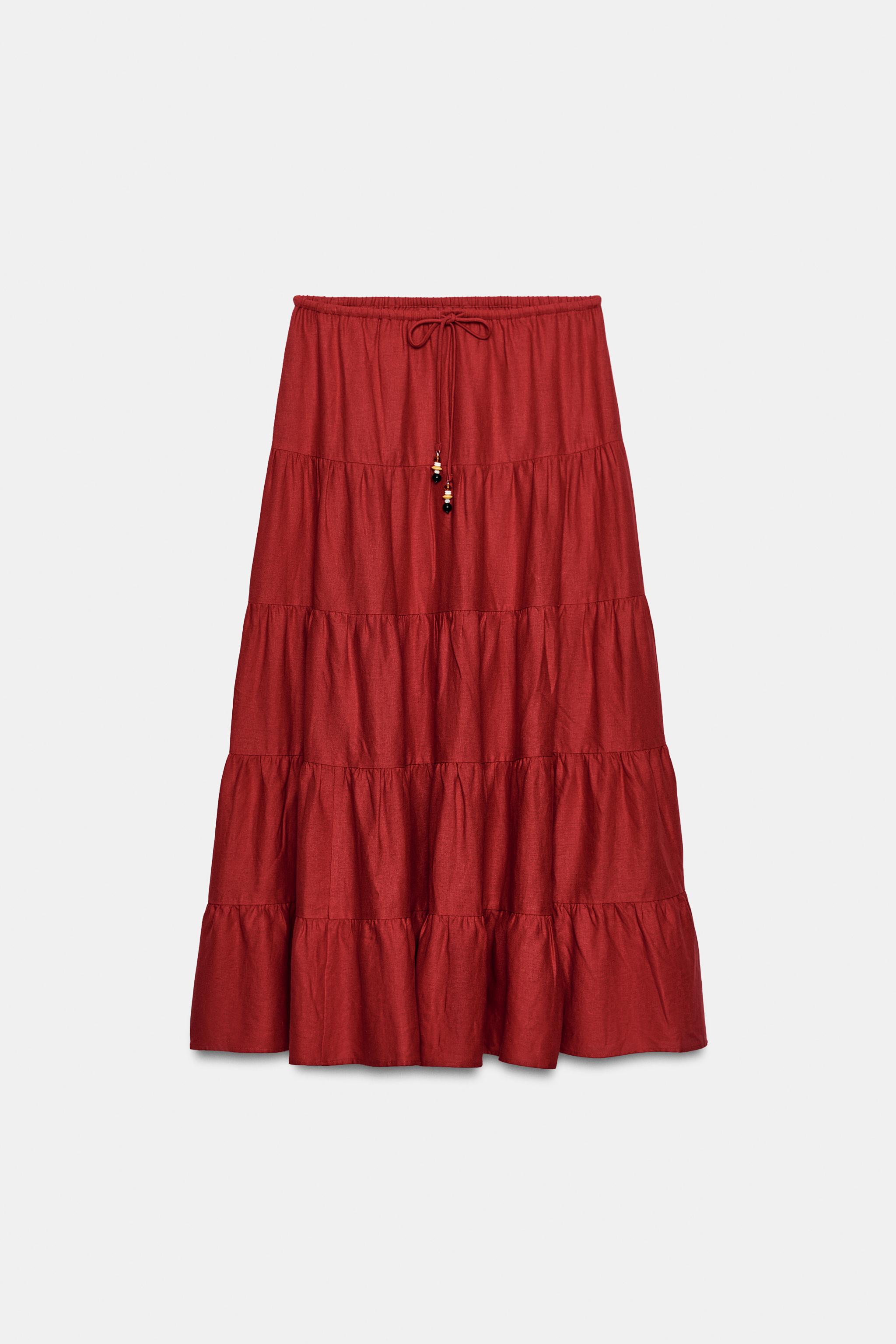 LINEN BLEND RUCHED MIDI SKIRT
